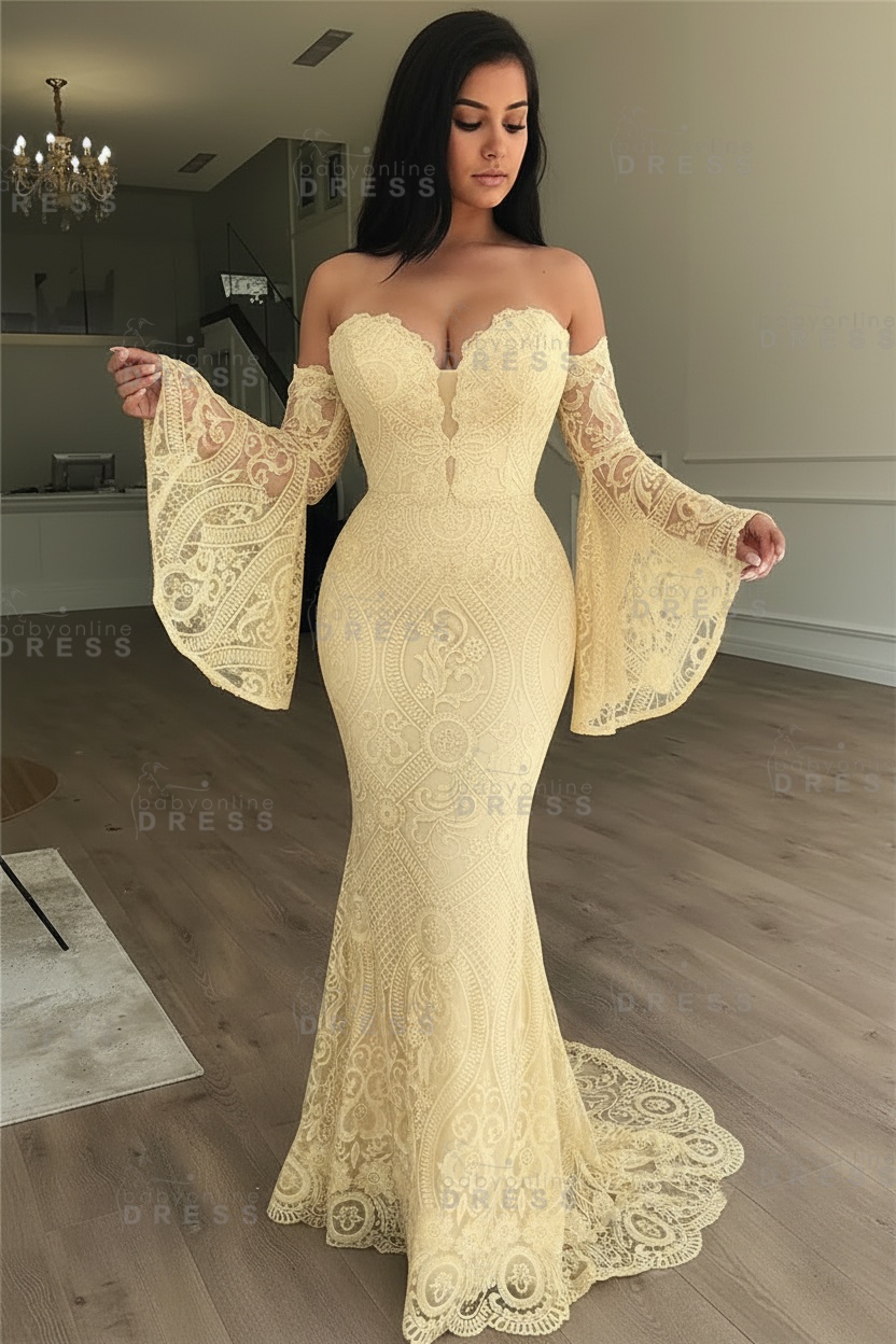 Off-the-Shoulder Long Sleeves Lace Floor-Length Mermaid Evening Dress