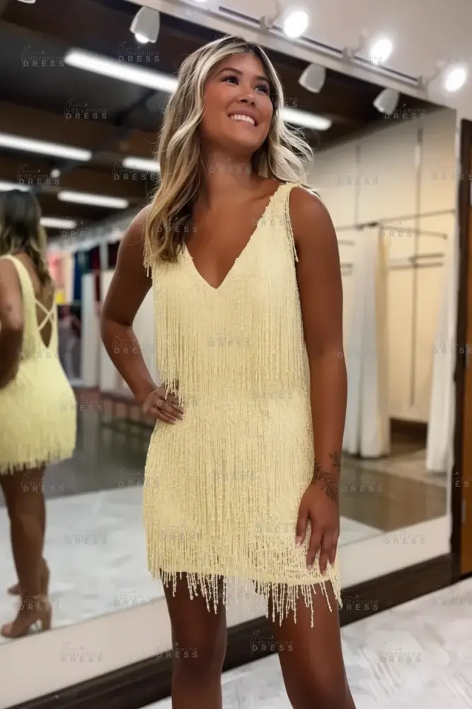 White V-Neck Backless Short Homecoming Dress with Tassels