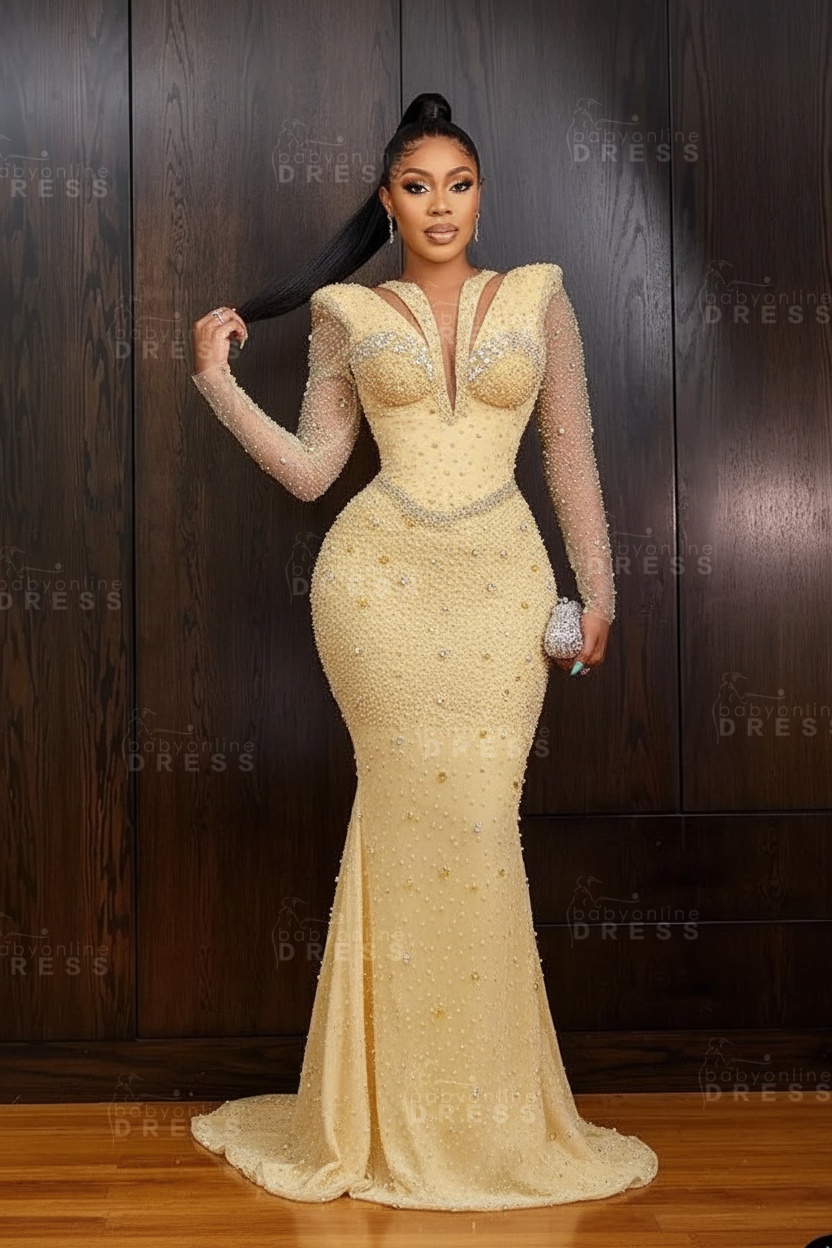 Green V-Neck Beadings Long Sleeves Floor-Length Mermaid Prom Dress