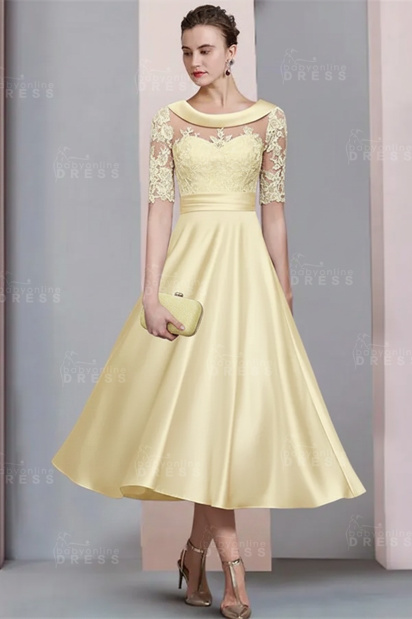 Elegant Ivory Jewel Lace Beading A-Line Tea Length Satin Wedding Guest Dress Formal Mother Dress