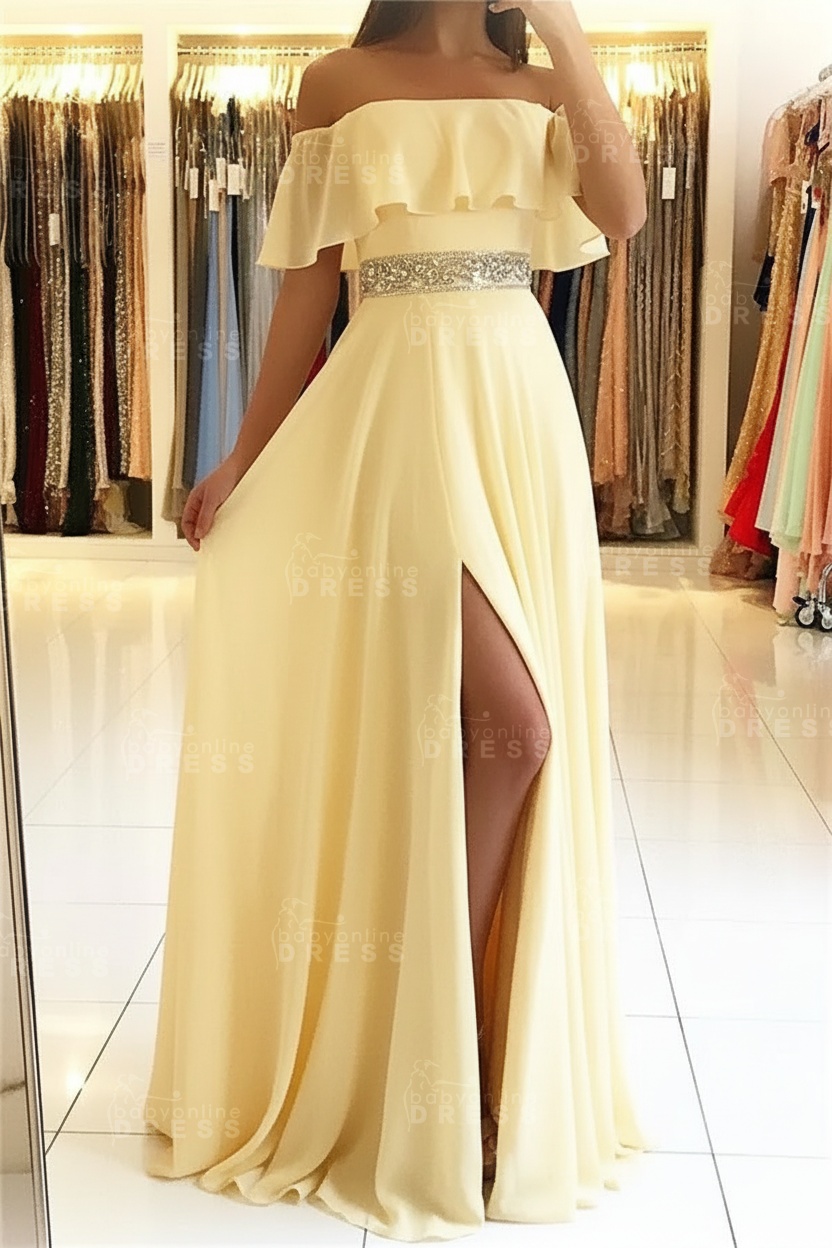 Sky Blue Off The Shoulder Evening Dresses Sexy | Chiffon Side Slit Prom Dress with Crystals Belt
