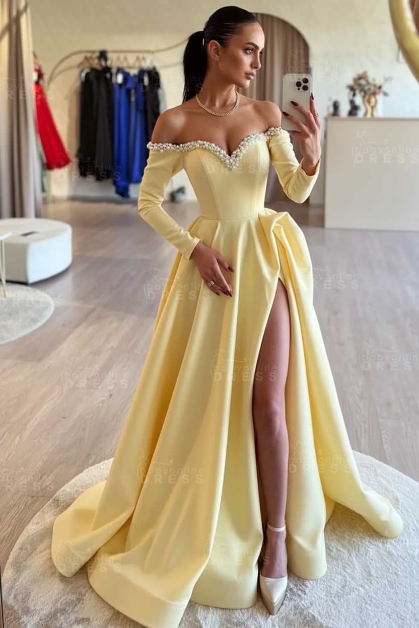 Long sleeves Pearls A-line Princess Front Split Black Prom Dresses