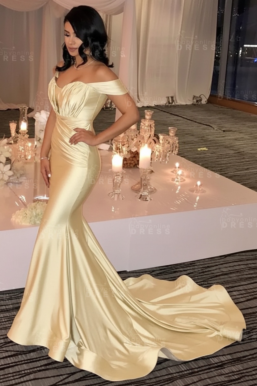 Off The Shoulder Champagne Gold Sexy Prom Dresses Mermaid Lates Popular Evening Gown