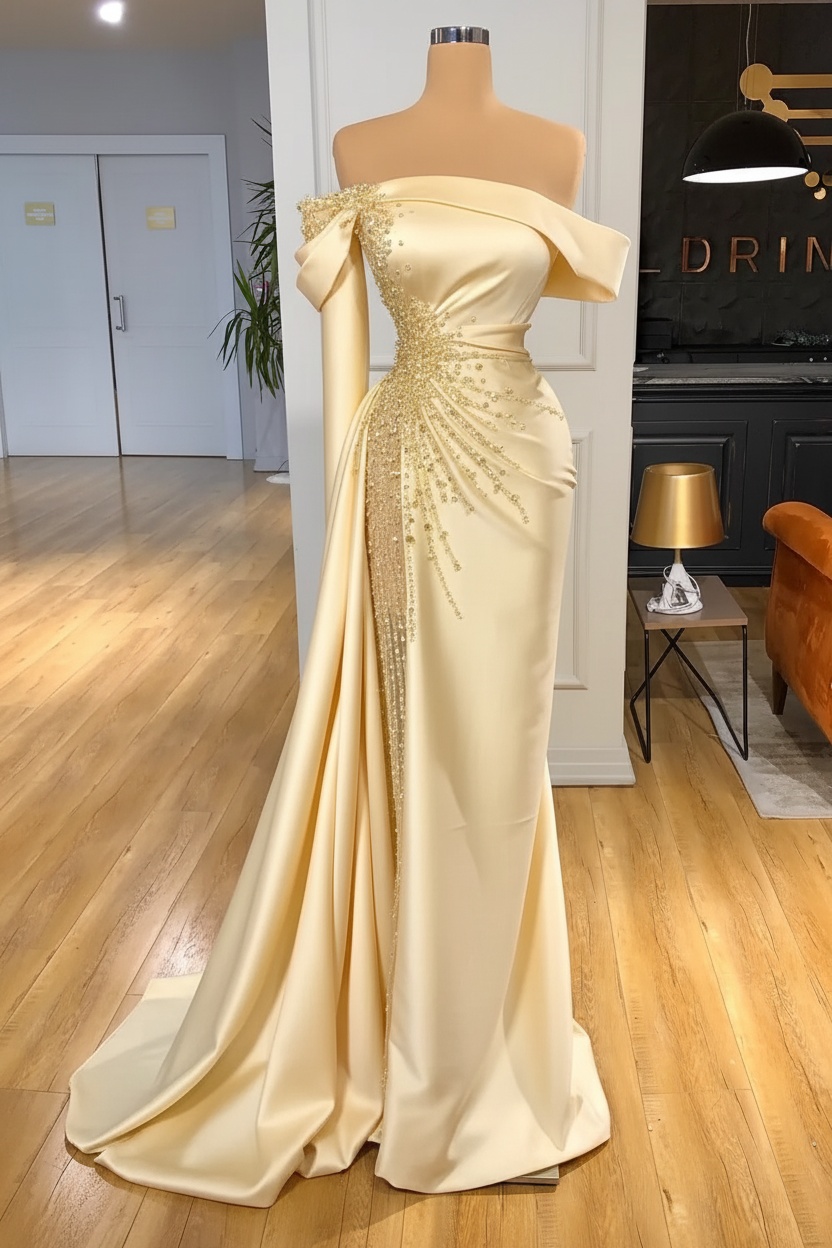 Off-the-Shoulder Satin Floor Length Prom Dress with Side Slit