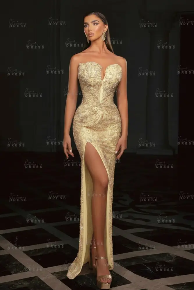Gold Strapless Sequins Beading Split Front Column Prom Dresses