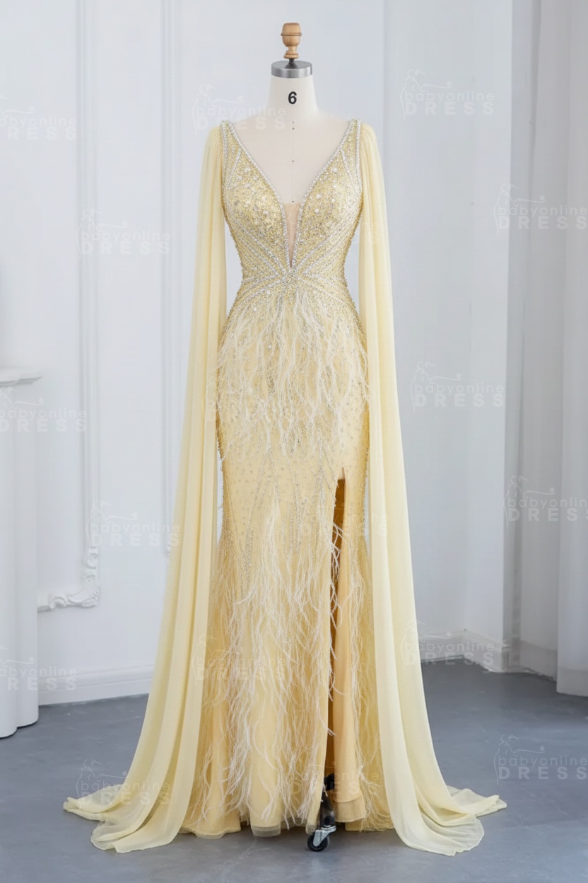 Glamorous V-Neck Fur Beadings Front Slit Mermaid Evening Gowns with Tulle with Cape Sleeves Wedding Party Dress