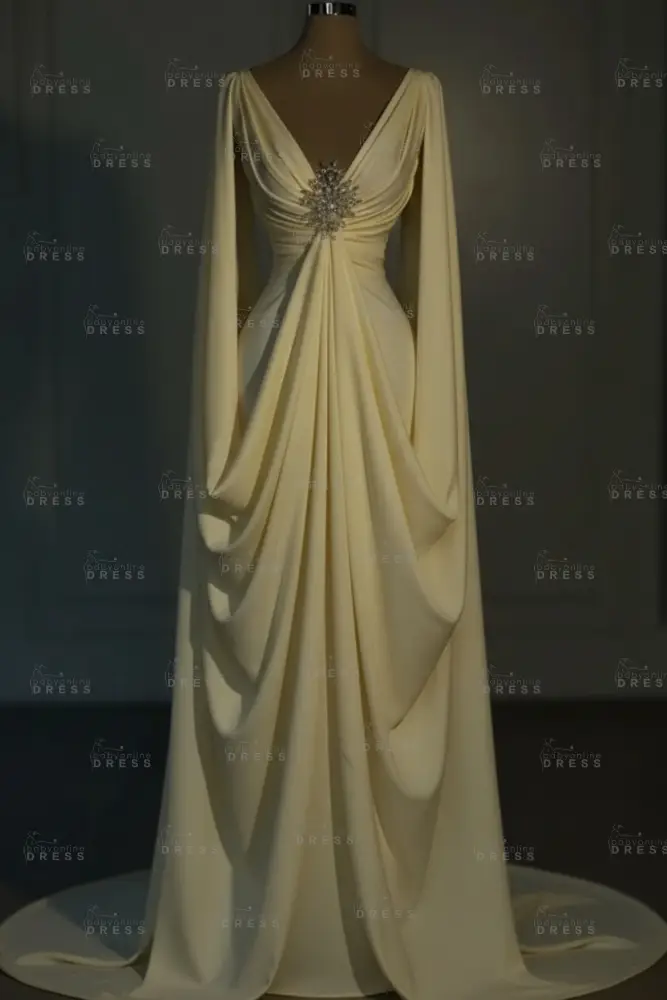Long sleeves V-neck Satin Ruffles Mermaid Prom Dresses Floor-Length