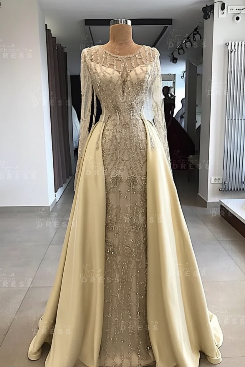 Shining Beaded Long Sleeves Round Neck Prom Dresses With Over Skirt | A Line Evening Gowns