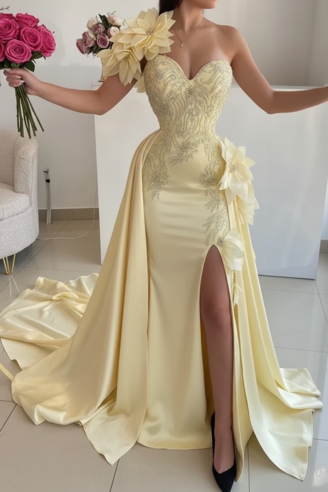 Flowers One shoulder Mermaid Long Prom Dresses with High Split