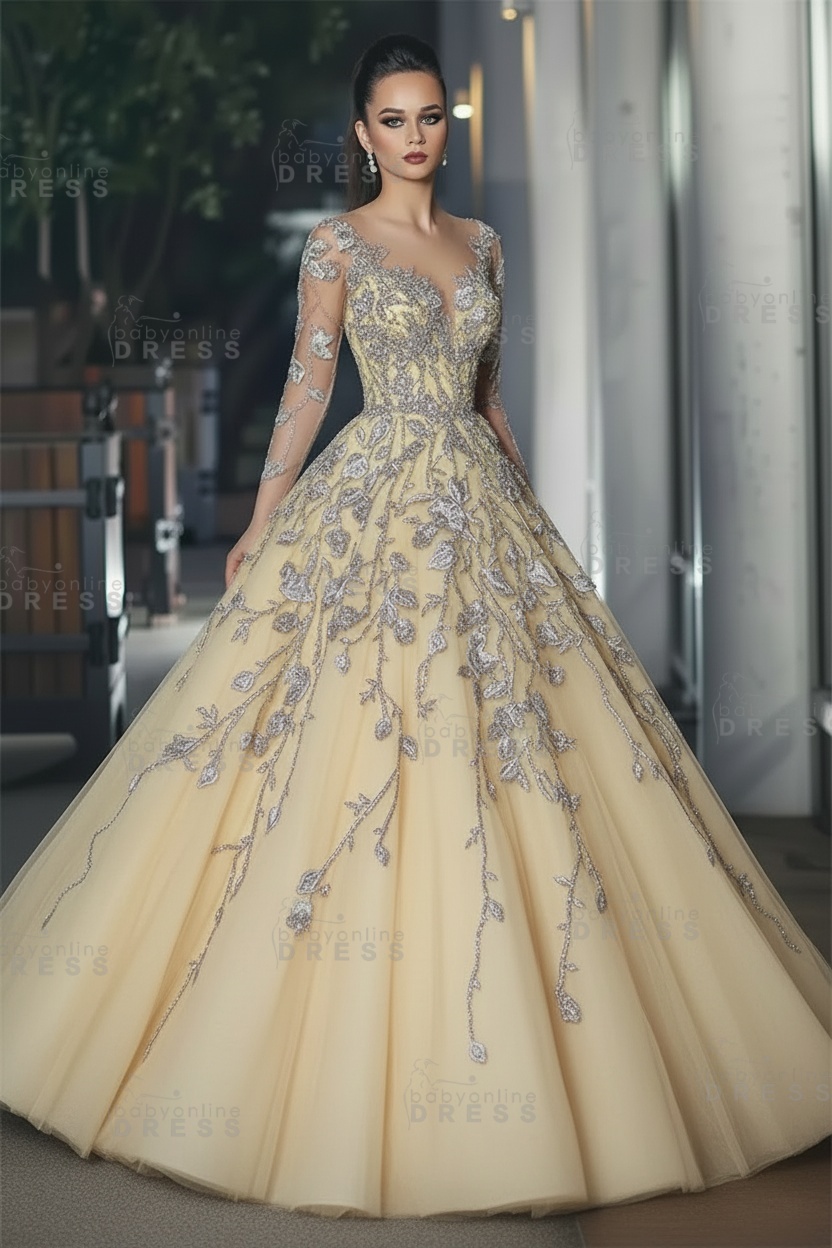 Stunning Illusion Long Sleeve Sexy Evening Gowns | A-line Lace Appliques Tulle Prom Dress