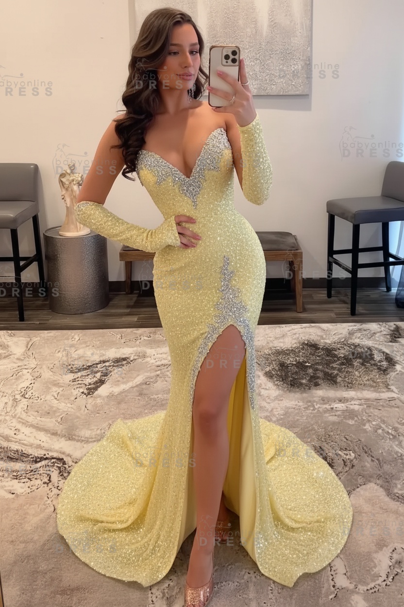 Strapless Sweetheart Sequins High Split Mermaid Prom dress with Silver Appliques