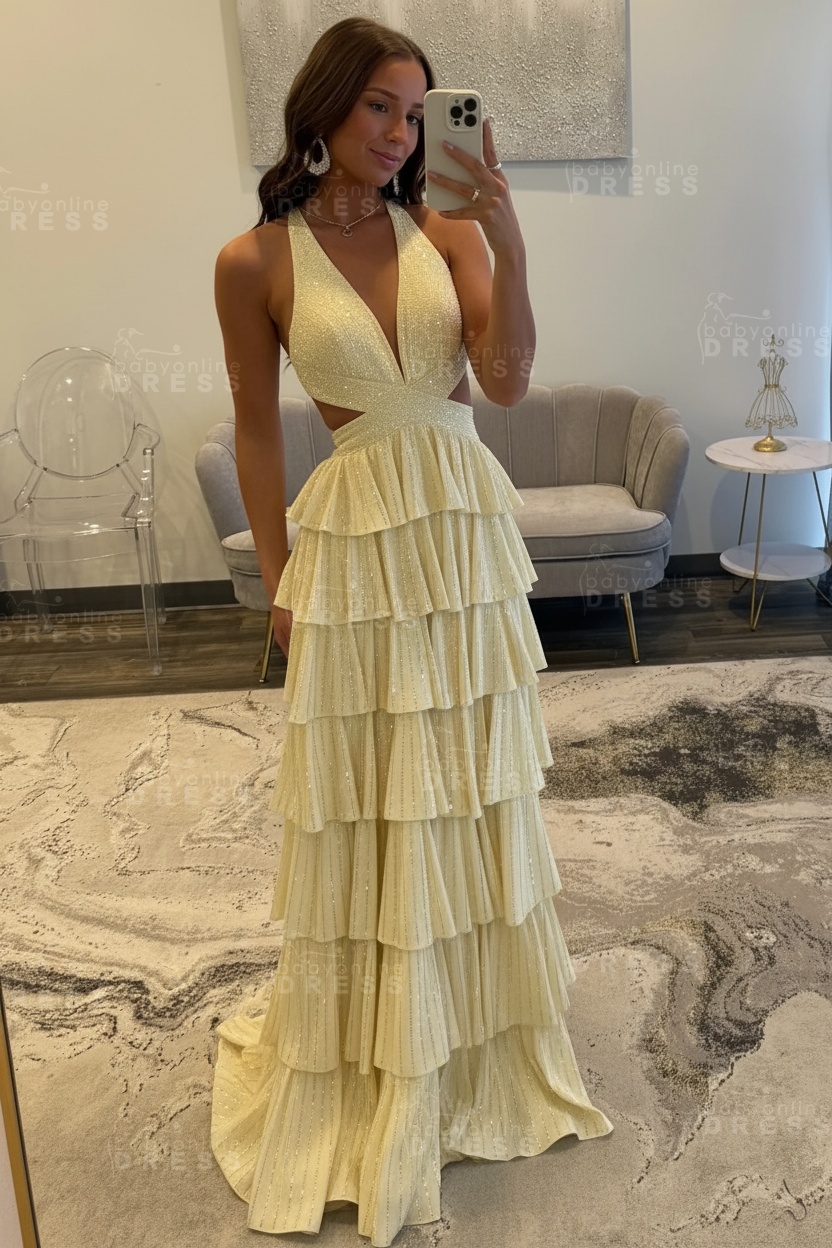 Halter Aline Prom Dress Sequined V-Neck High Split Evening Dress Long