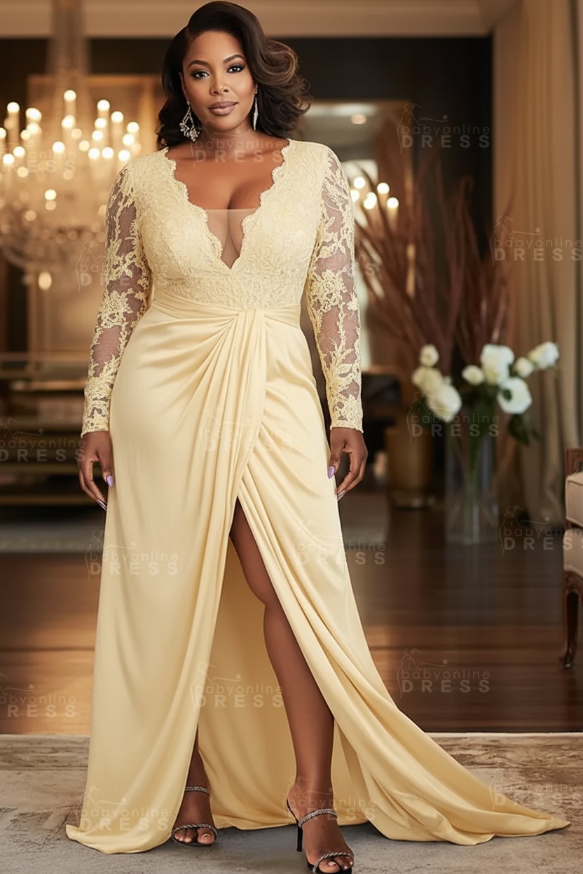 V-neck Appliques Lace Long Sleeve A-Line Prom Dresses with Slit