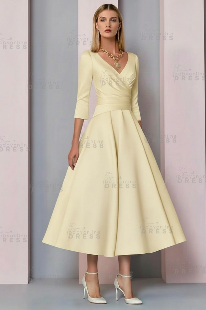 Half Sleeves White Ankle Length Mother of the Bride Dress V-Neck Satin Wedding Guest Dress