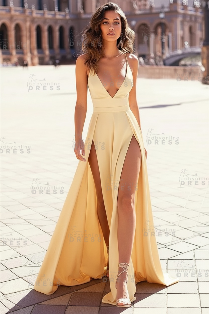 A-Line Sexy Burgundy Spaghetti-Straps Side-Slit Prom Dresses