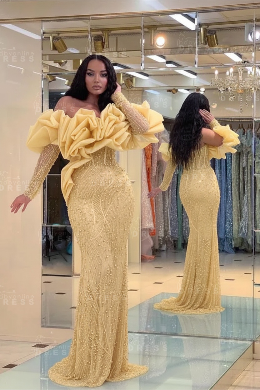 Bubble Sleeves Long Mermaid Prom Dress with Sequins and Beadings