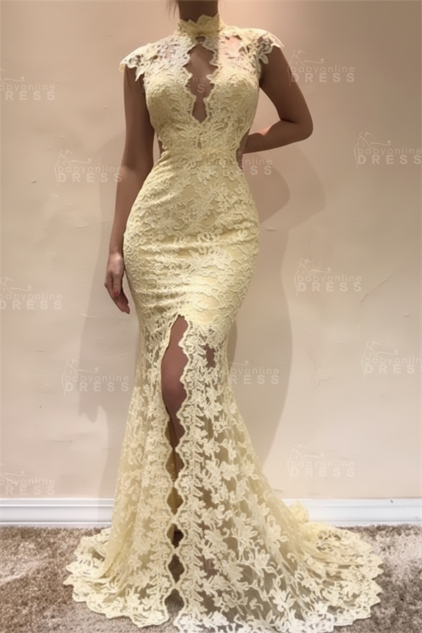 Sleeveless Front Split Evening Dresses | Black High Neck Lace Sexy Prom Dresses