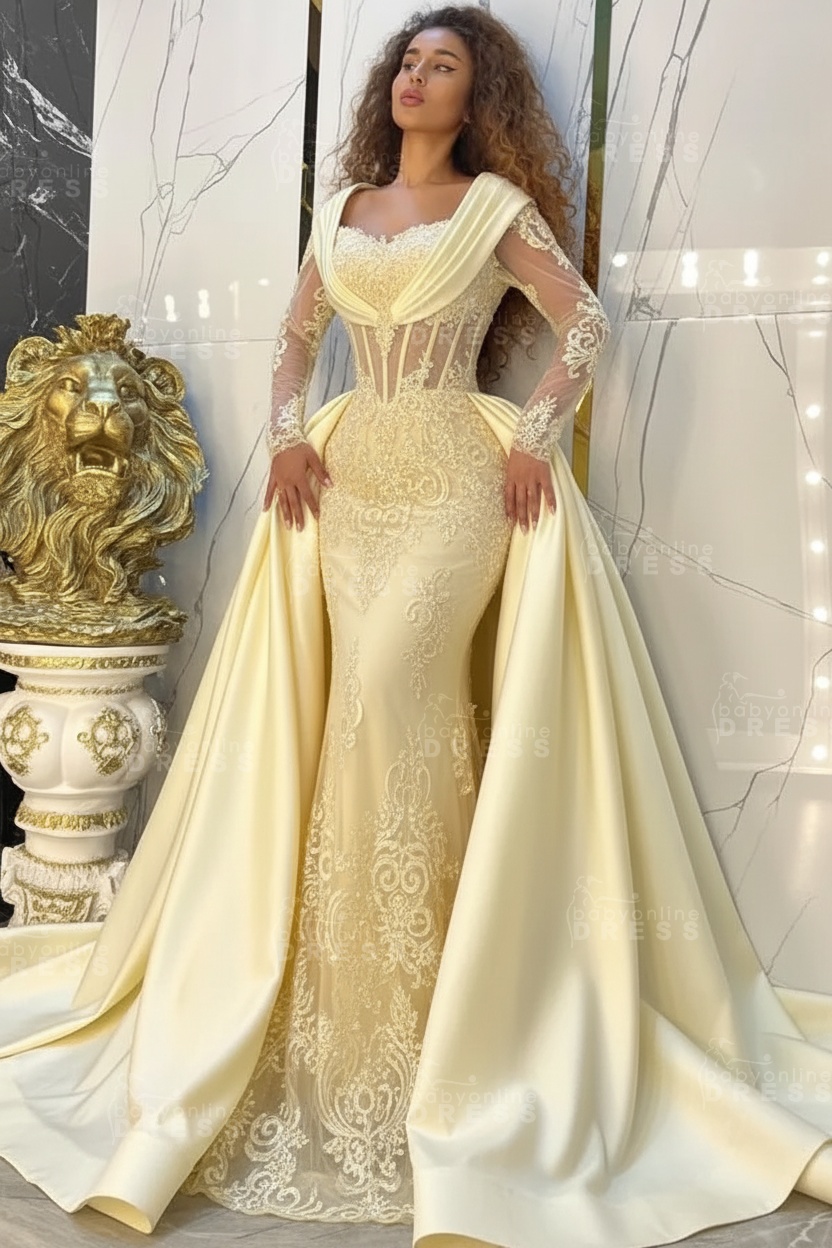 Gorgeous Sweetheart Appliques Lace A-Line Prom Dresses Long Sleeve Chapel Train