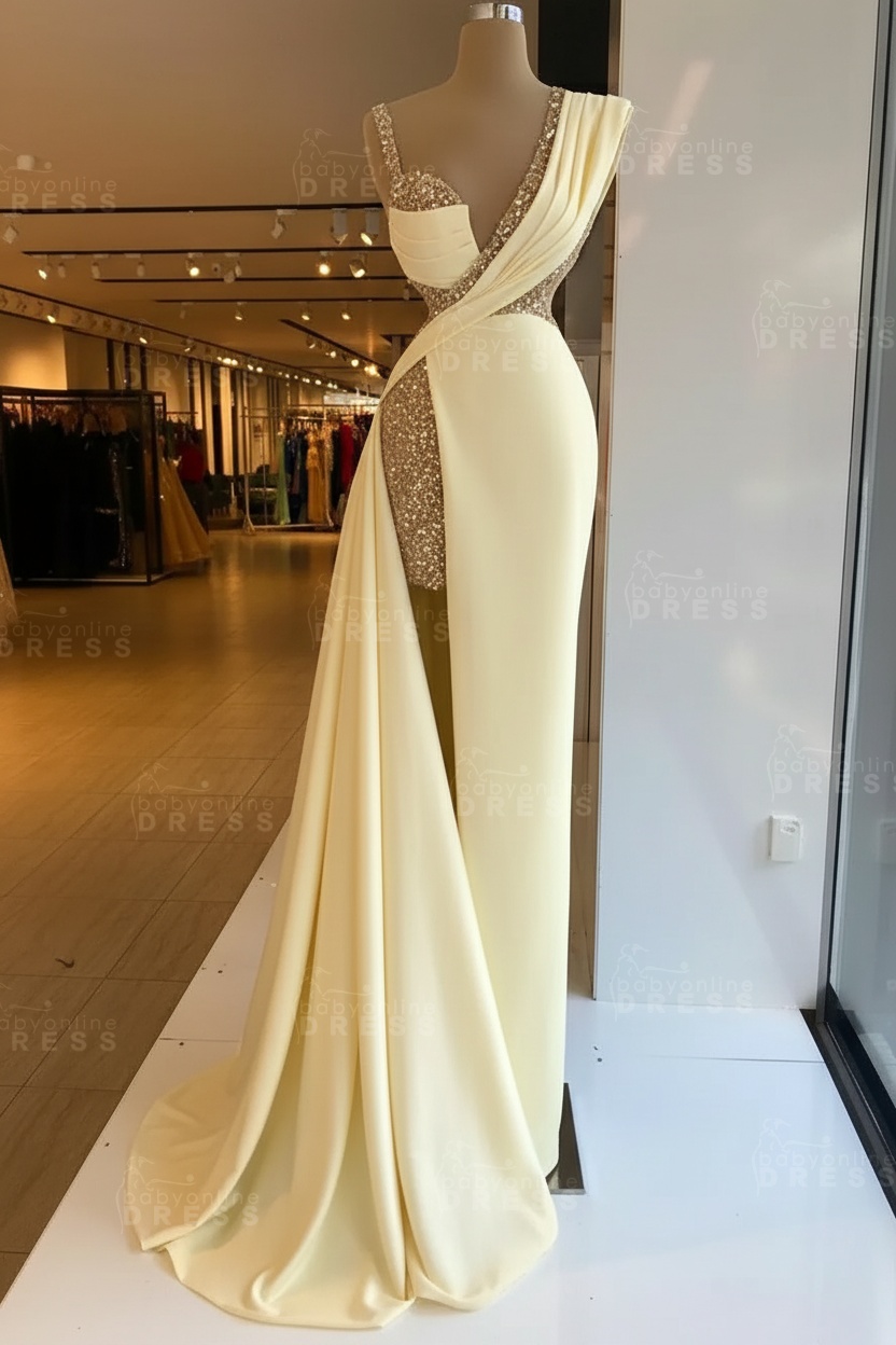 Luxury Satin Prom Dress Sleeveless with Sequins Sleeveless Evening Gown