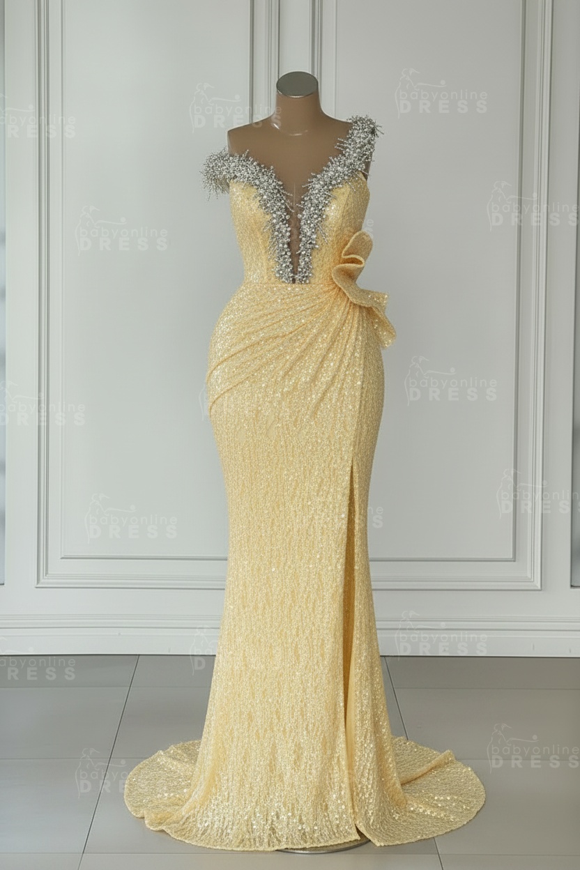 One Shoulder Sequins Sleeveless Long Mermaid Prom Dress