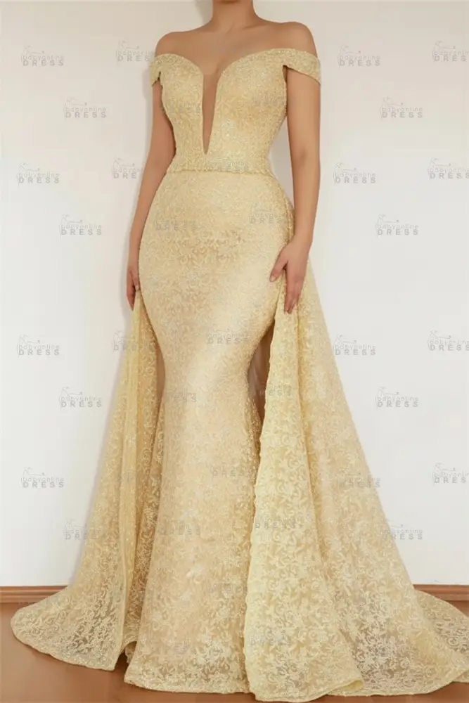 Burgundy Glamorous Mermaid Off The Shoulder Lace Appliques Prom Dress With Detachable Skirt