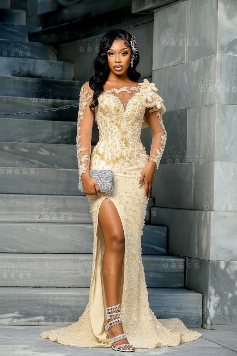 Sparkly Sky Blue Mermaid Prom Dress Beadings Long Sleeves Evening Gown Flowers with High Slit