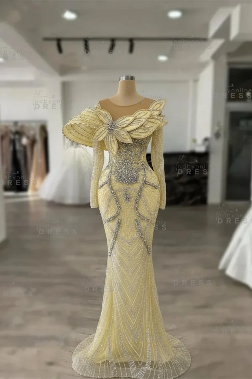 Luxury Crystals Long Sleeves Floor-Length Mermaid Prom Dress with Flowers 