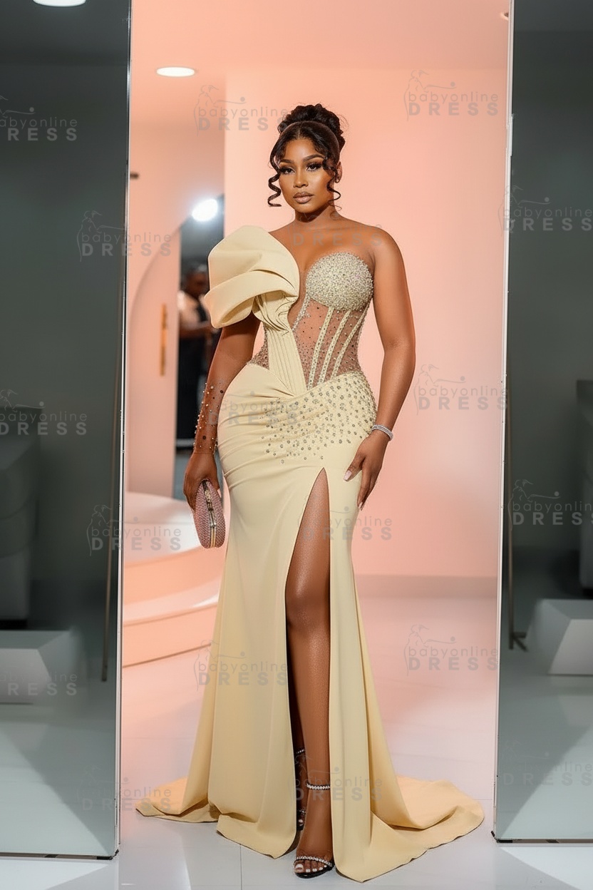 One-Shoulder Long Sleeves Corset Beadings Mermaid Prom Dress with High Split