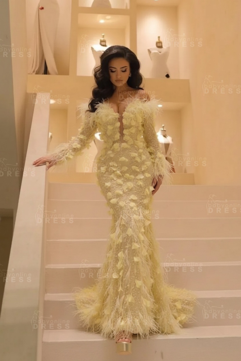V-neck Long Sleeves Mermaid Evening Dresses Floor Length with Flowers