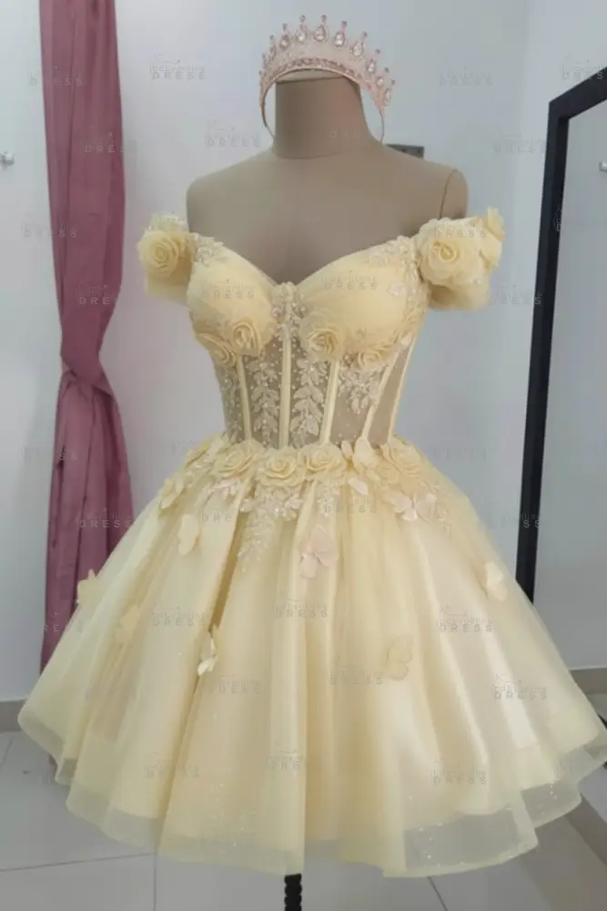 Light Yellow Sparkly Off Shoulder Tulle Homecoming Dresses Short Corset Quinceanera Dress with 3D Flowers
