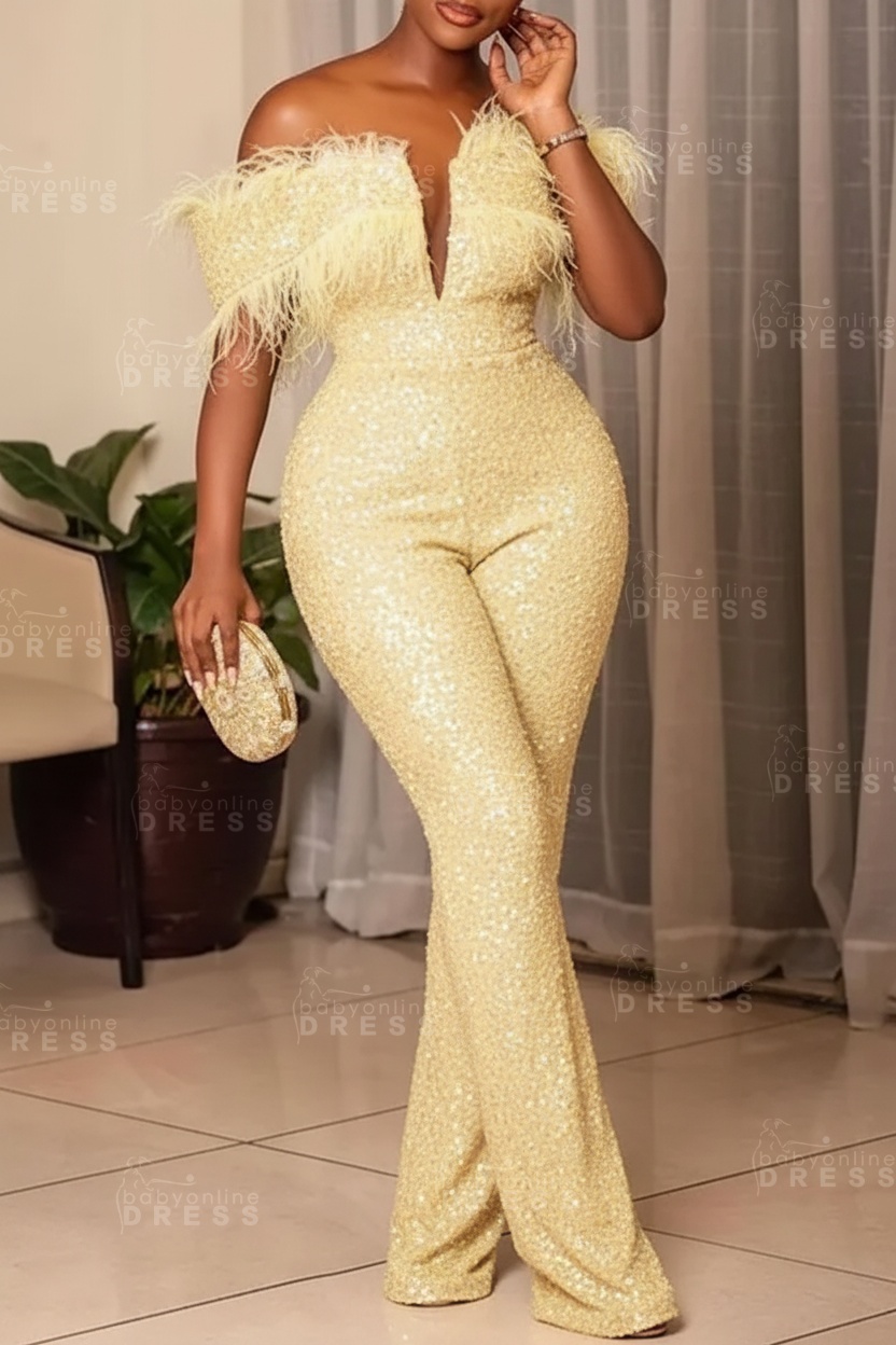 Plus Size Off Shoulder Sequin Women Jumpsuit Black Long Party Jumpsuits