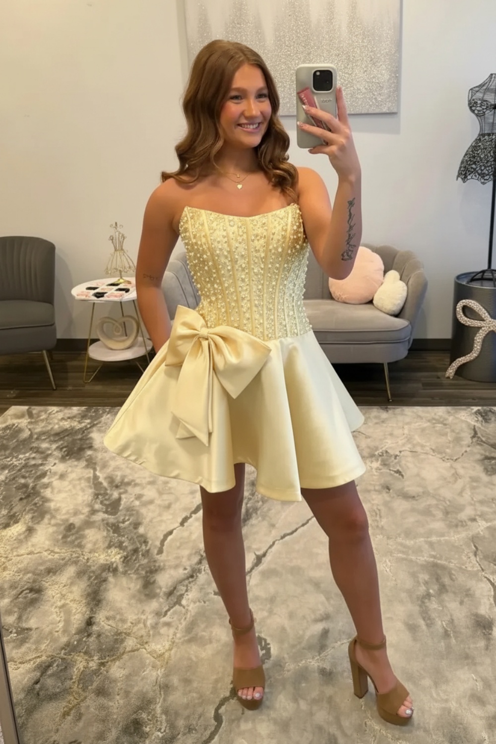Daffodil Strapless Satin Beaded A-Line Short Homecoming Dress with Bow