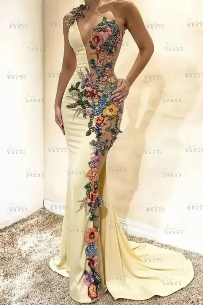 Amazing One-Shoulder Floral Pattern Beadings Floor-Length Mermaid Prom Dress 