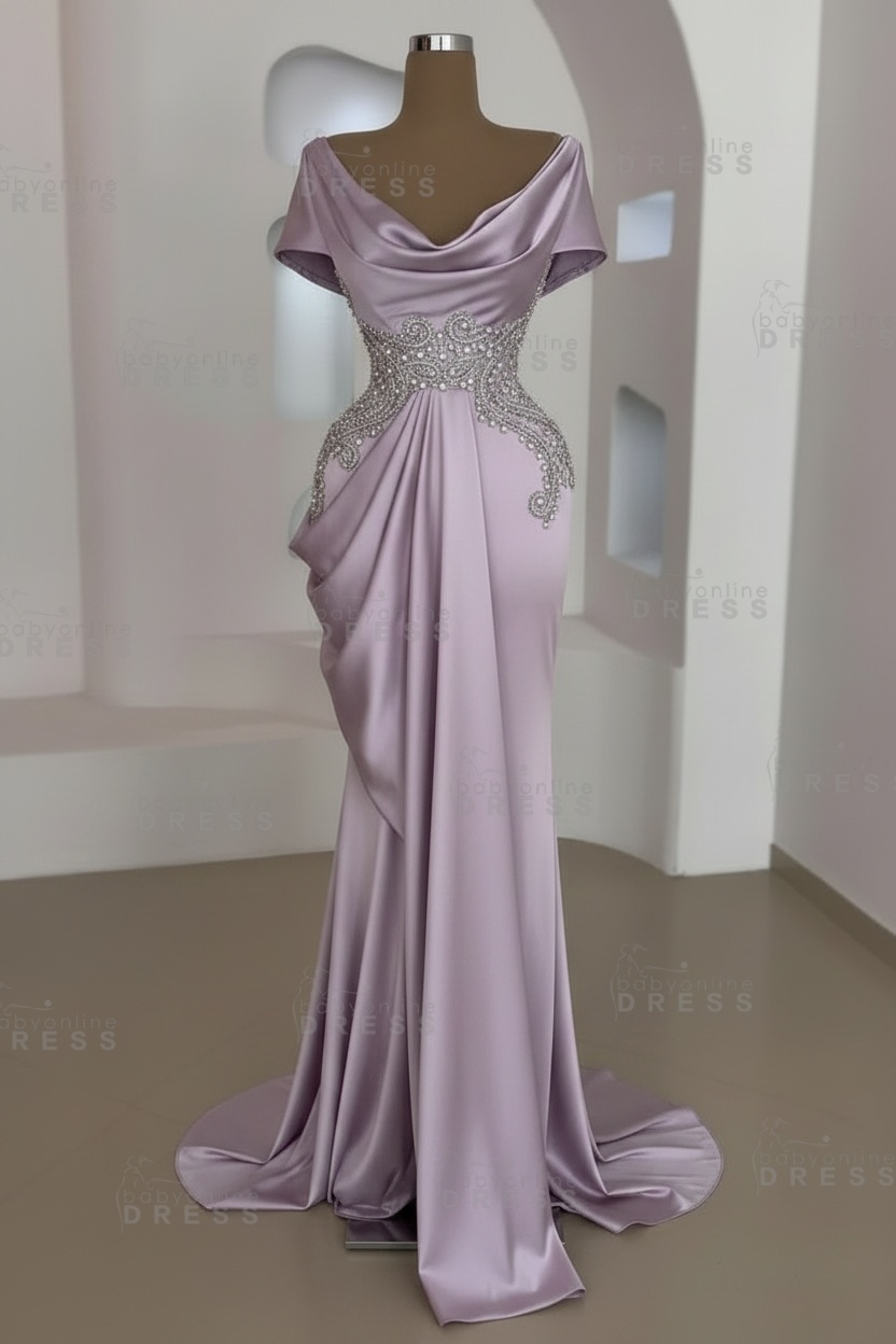 Short sleeves Mermaid Round neck Gray Prom Dresses