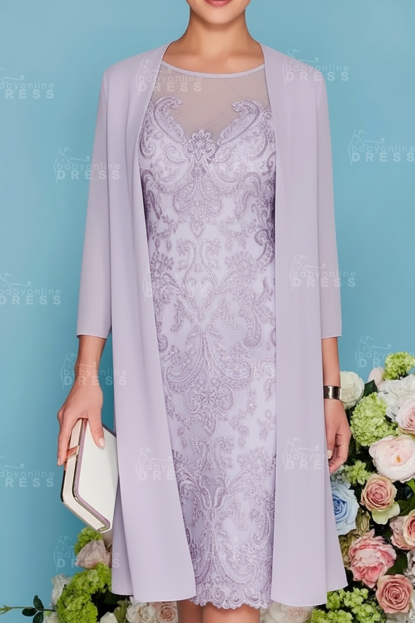 Scoop Neck Two Piece of Mermaid Slim Mother of the Bride Dress Chiffon 3/4 Sleeves Wedding Guest Outfits