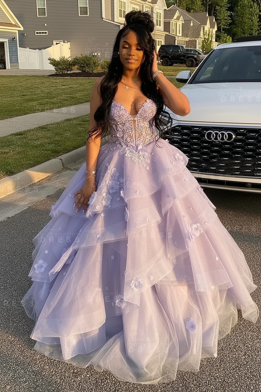 Sleeveless V-Neck Tulle Aline Prom Dress Floral Tiered Ruffles Corset Evening Dress