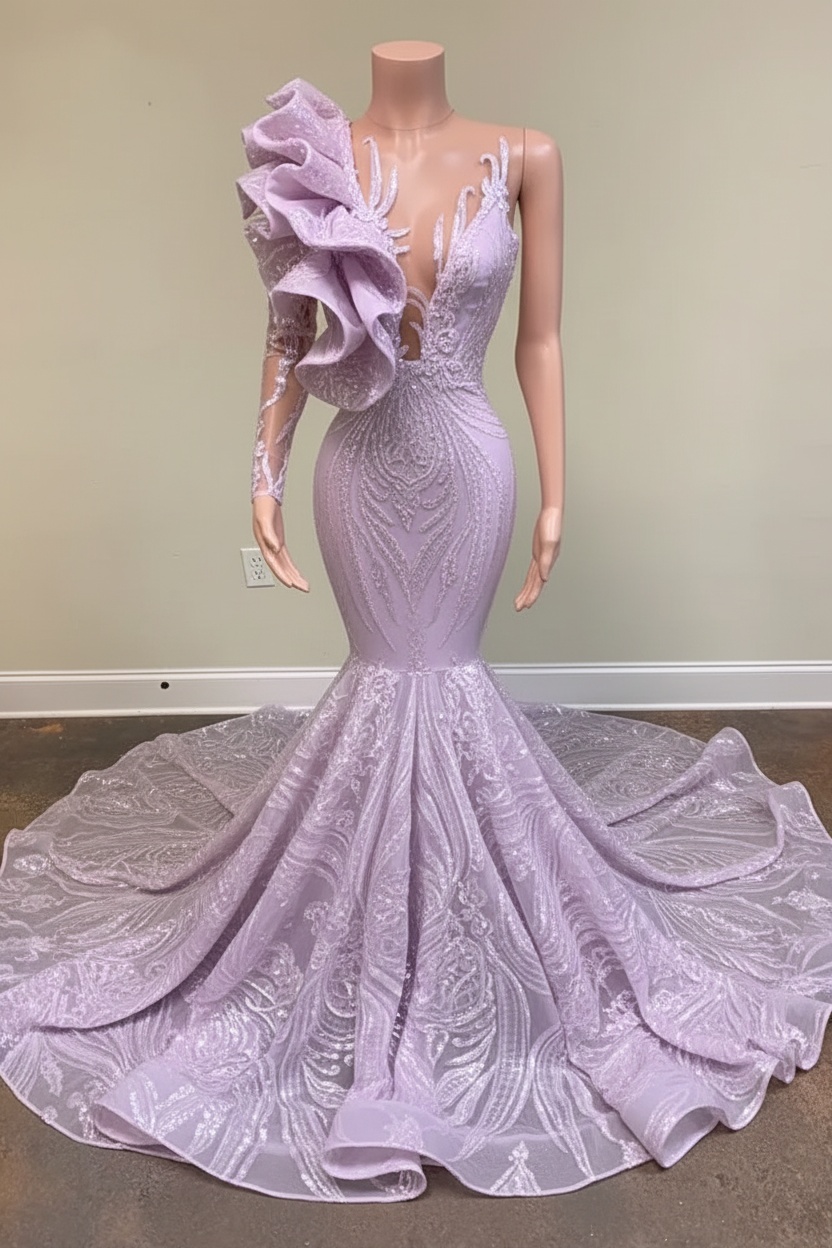 Chic Black Long Sleeve Asymmetrical Floor Length Mermaid Prom Dress