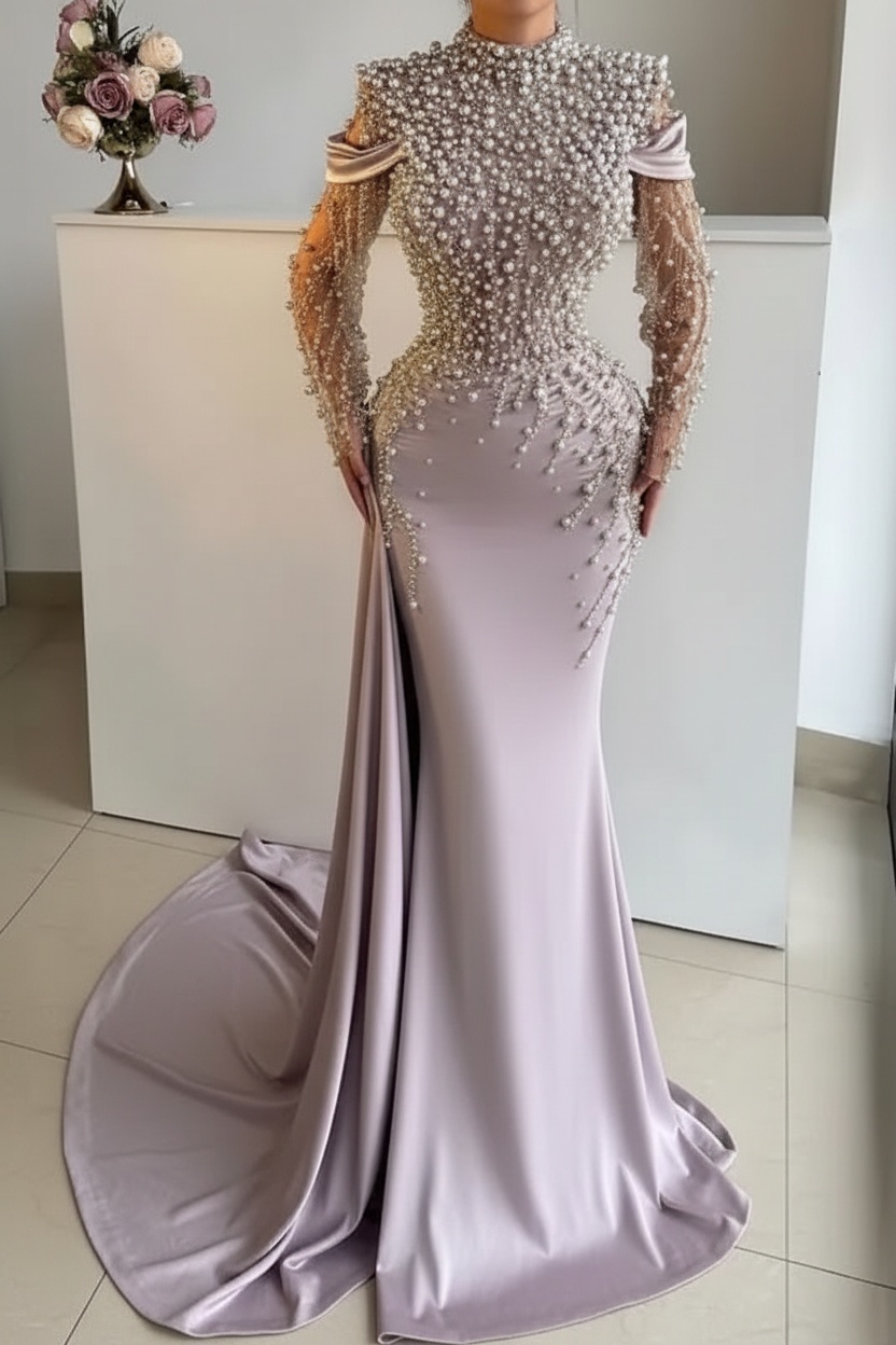 Unique High Neck Beading Long Sleeve Mermaid Prom Dresses