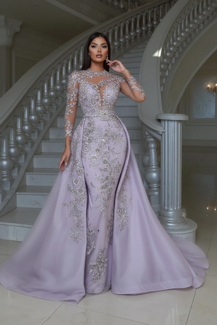Blushing pink Long sleeves Overskirt Lace Prom Dresses