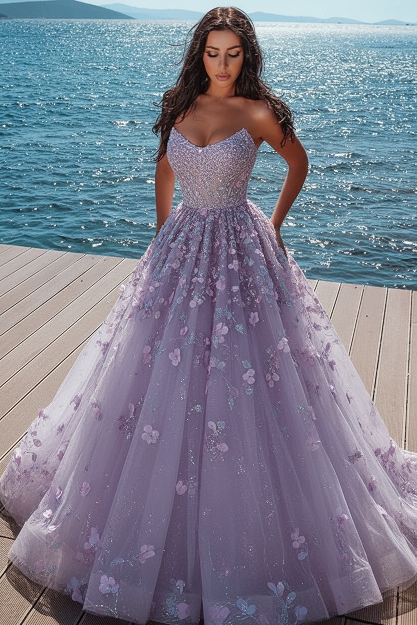 Elegant sky blue Butterfly Strapless Sweetheart Tulle Sparkle Prom Dress