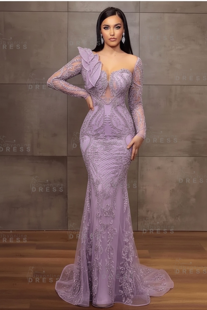 Stunning Burgundy Beadings Long Sleeves Mermaid Prom Dress