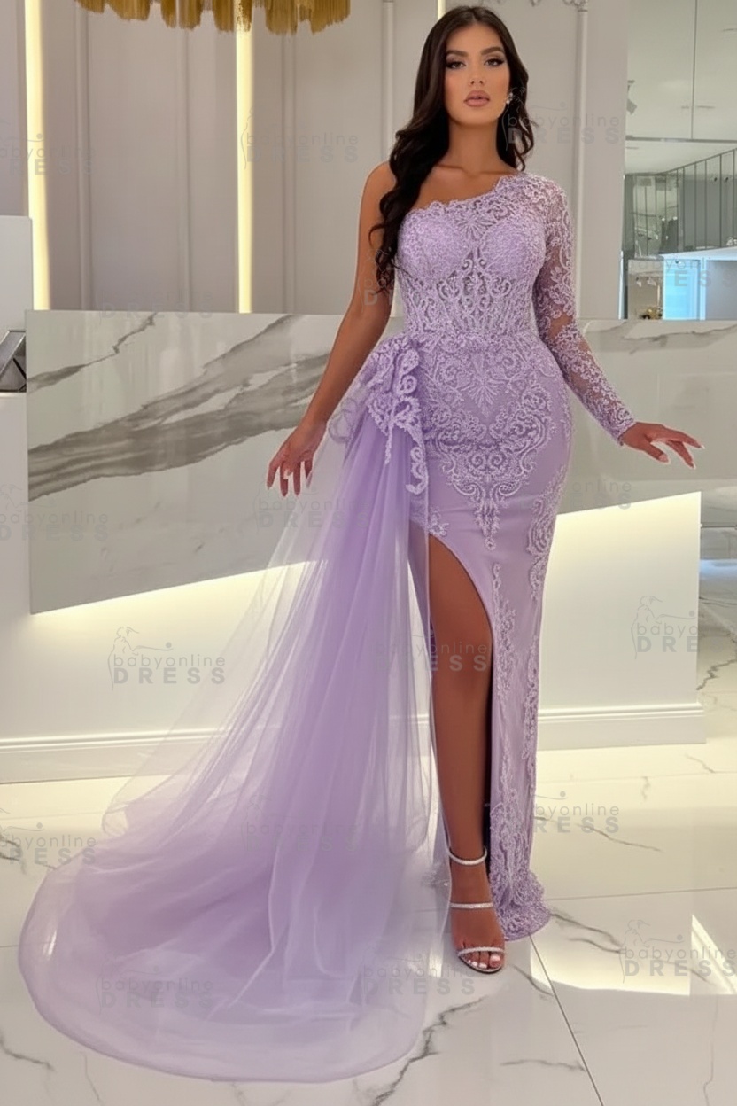 Sexy Sky blue One-shoulder Mermaid Prom Dress Tulle with High split