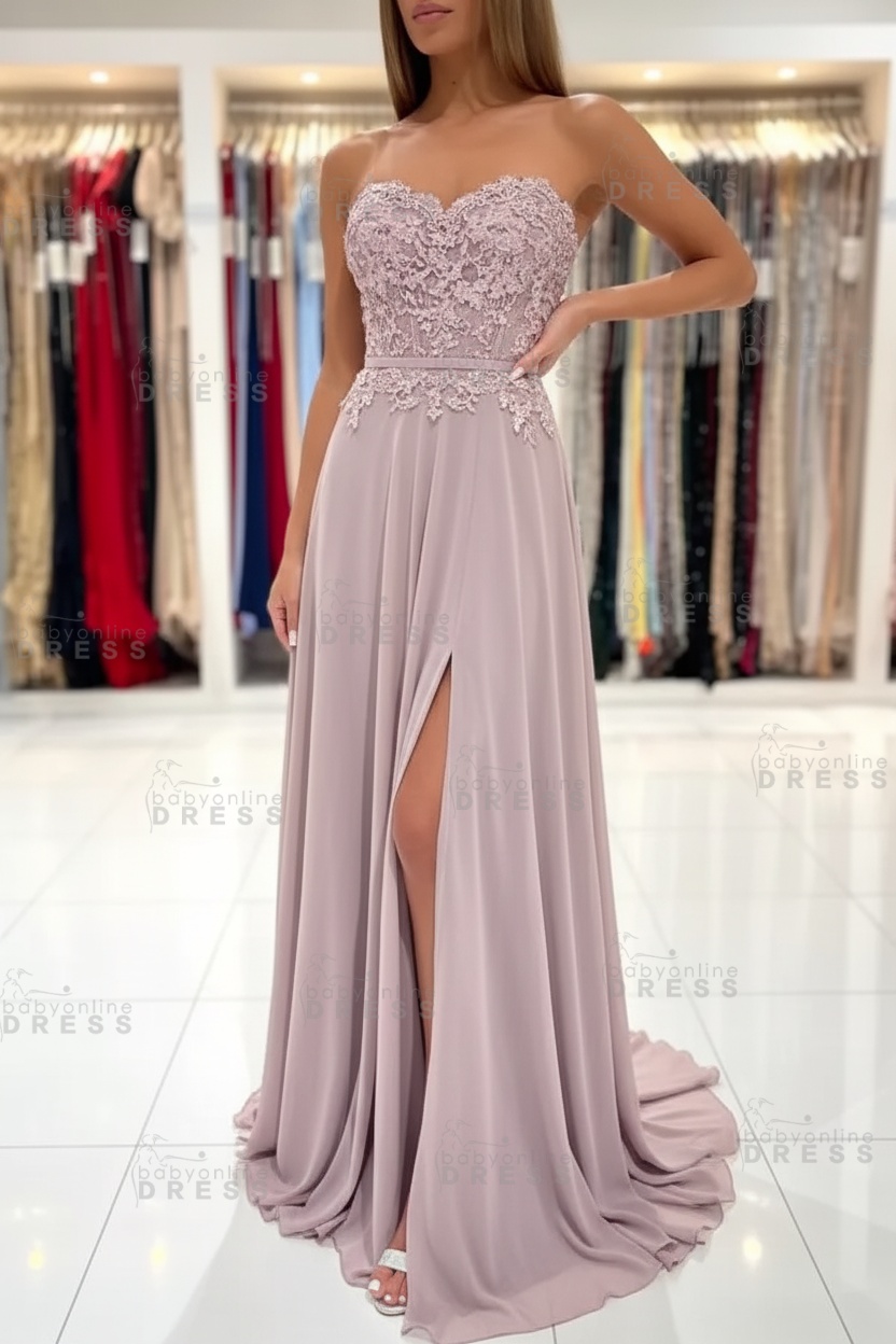 Sweetheart Strapless A-Line Chiffon Floor Length High Split Prom Dress