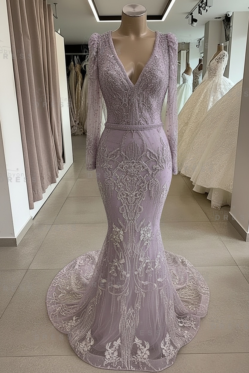Gorgeous Mermaid Lace Beading V Neck Long Sleeves Prom Dresses | Evening Gowns With Beading Waistband