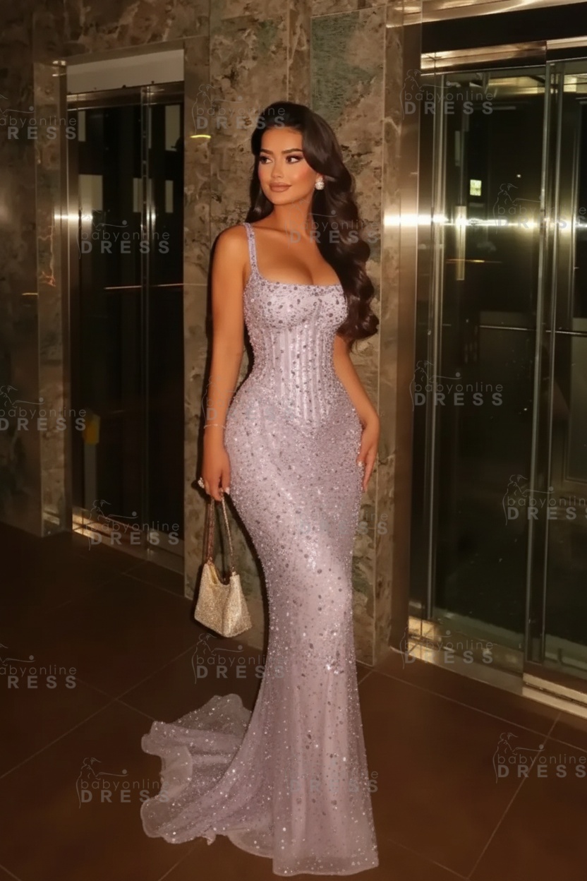 Glitter Spaghetti Straps Sequins Mermaid Prom Dress Floor Length