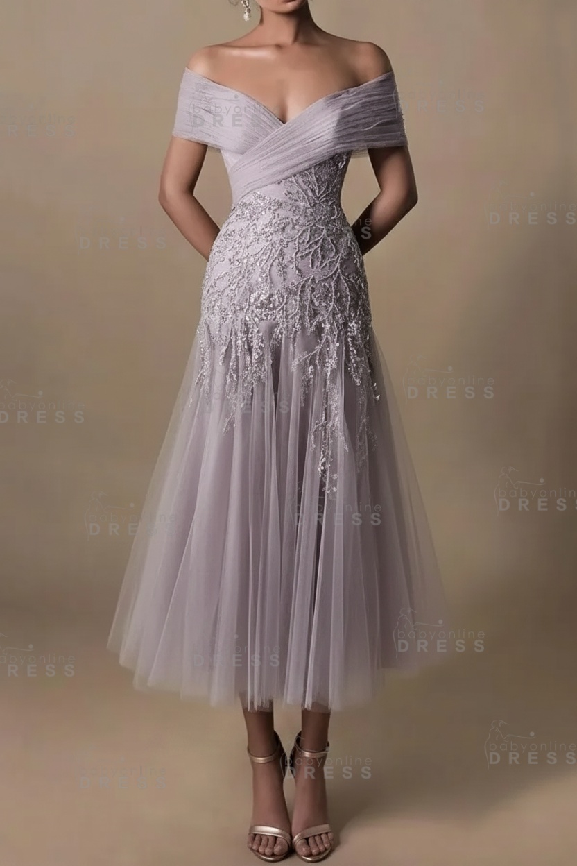 Champagne V-Neck A-Line Tea Length Prom Dress Tulle Mother of the Bride Dress