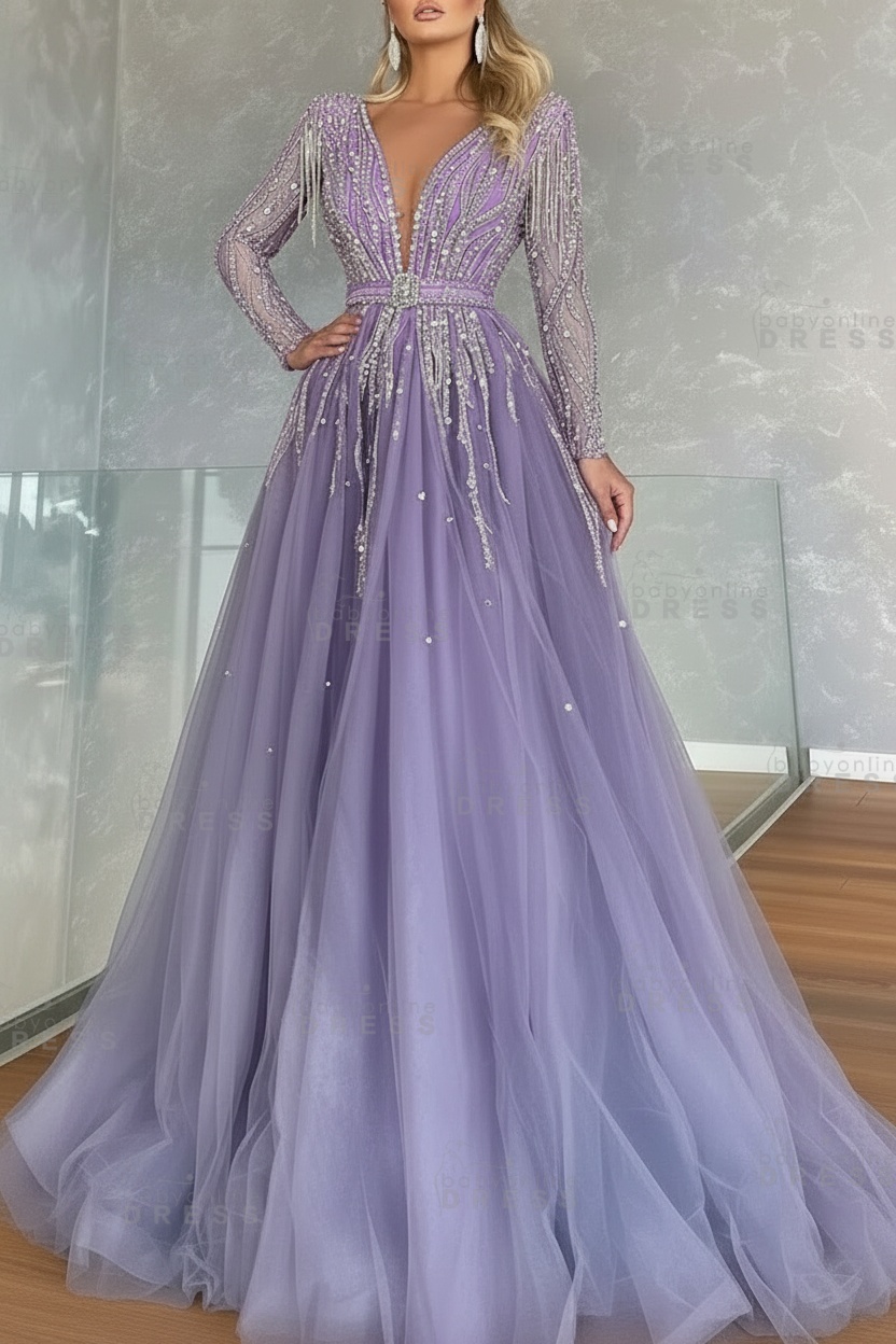 Long Sleeves V-neck Ball Gown A-line Prom Dress with Beadings