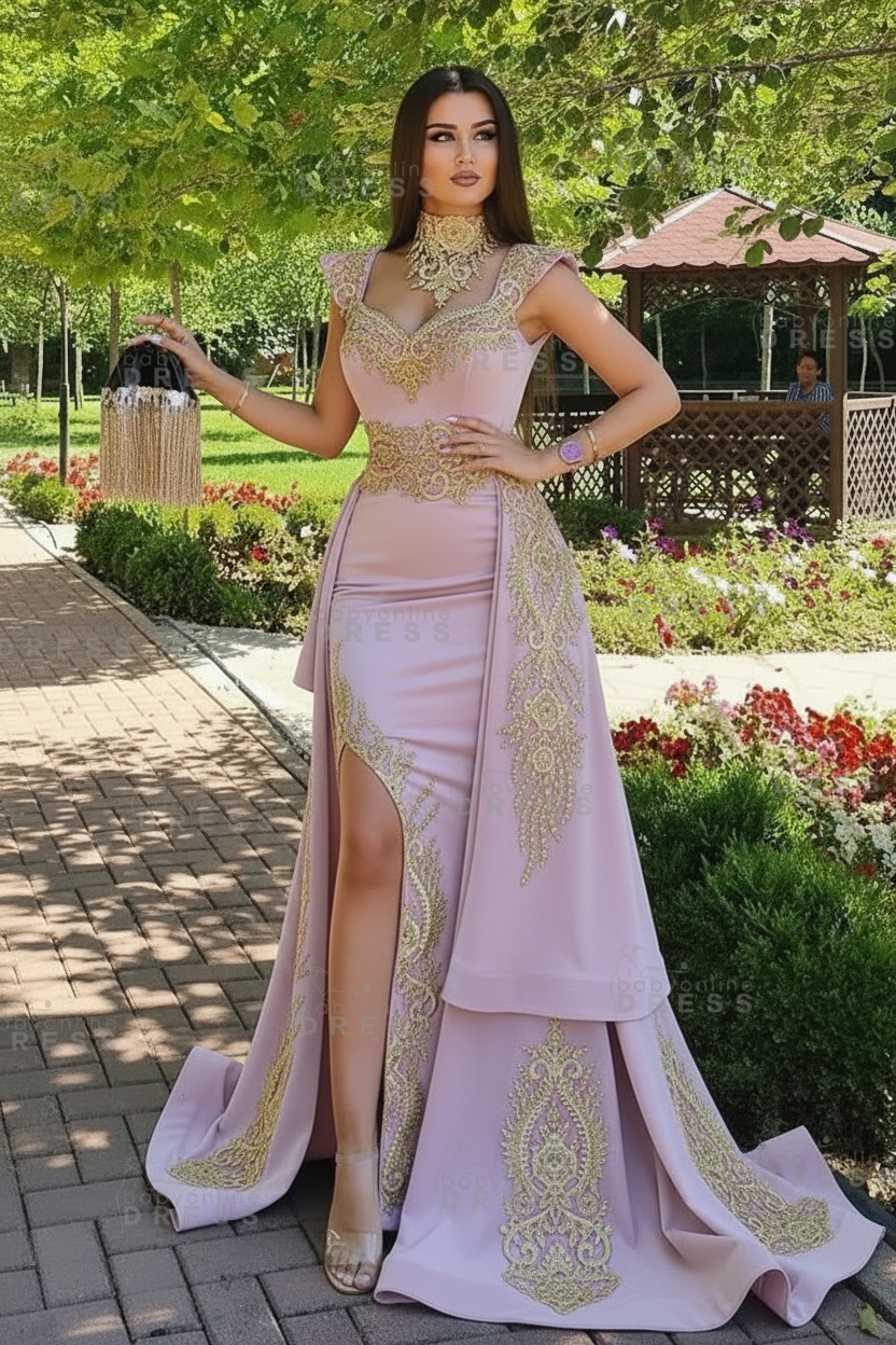 Dark Green Velvet Mermaid Evening Dress with Gold Lace appliques