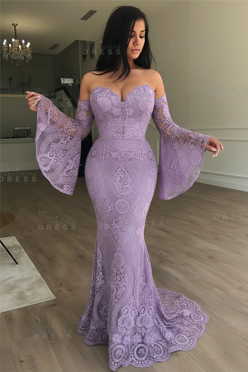 Off-the-Shoulder Long Sleeves Lace Floor-Length Mermaid Evening Dress