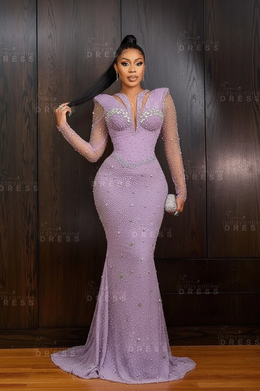 Green V-Neck Beadings Long Sleeves Floor-Length Mermaid Prom Dress